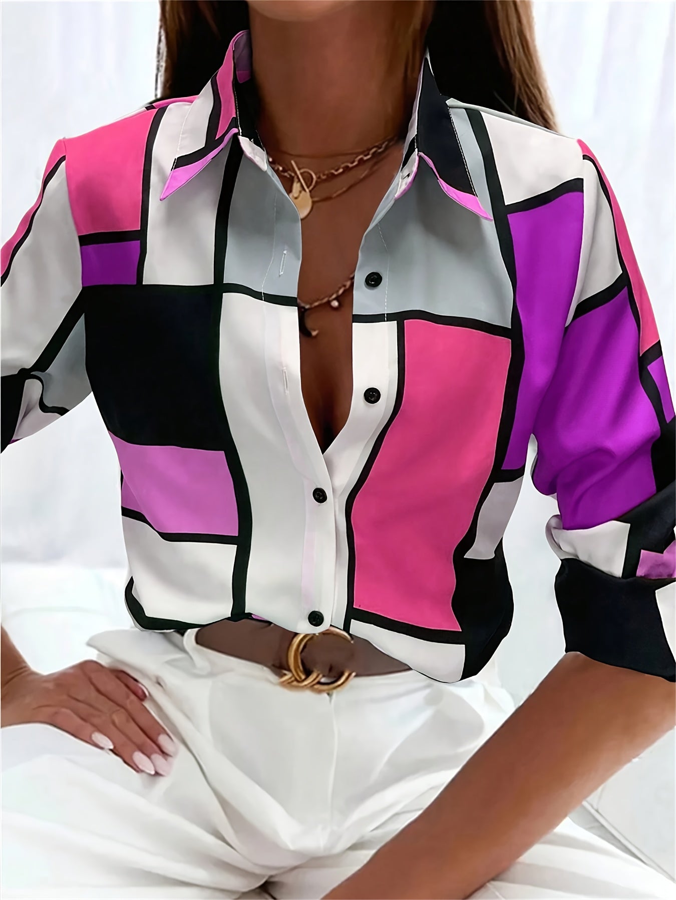 SCACTO Women's Plaid Button Long Sleeve Lapel Shirt Top