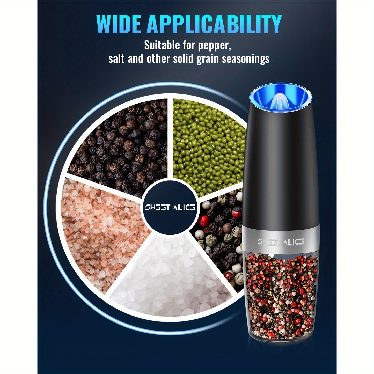 Gravity Electric Pepper And Salt Grinder Set Stainless Steel Auto Spice Mill Adjustable Coarseness