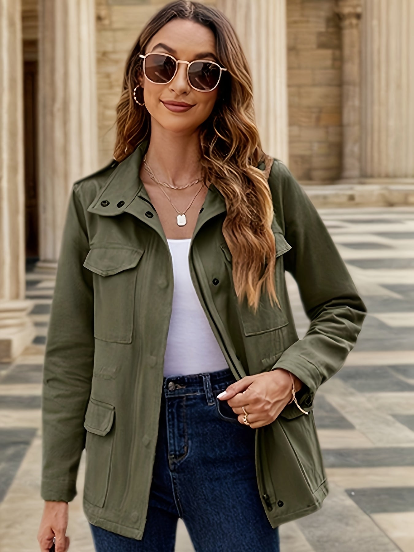 Women's Army Green Military-Style Jacket with Drawstring Waist and Pockets