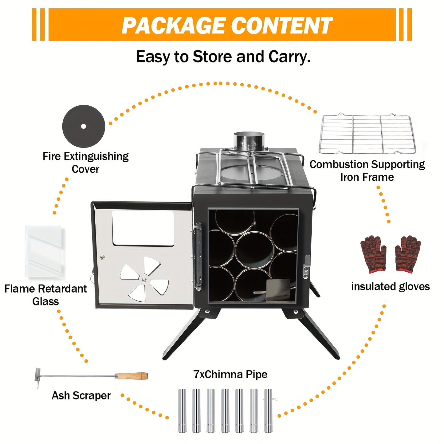 Portable Carbon Steel Wood Stove With Seven Chimney Pipes