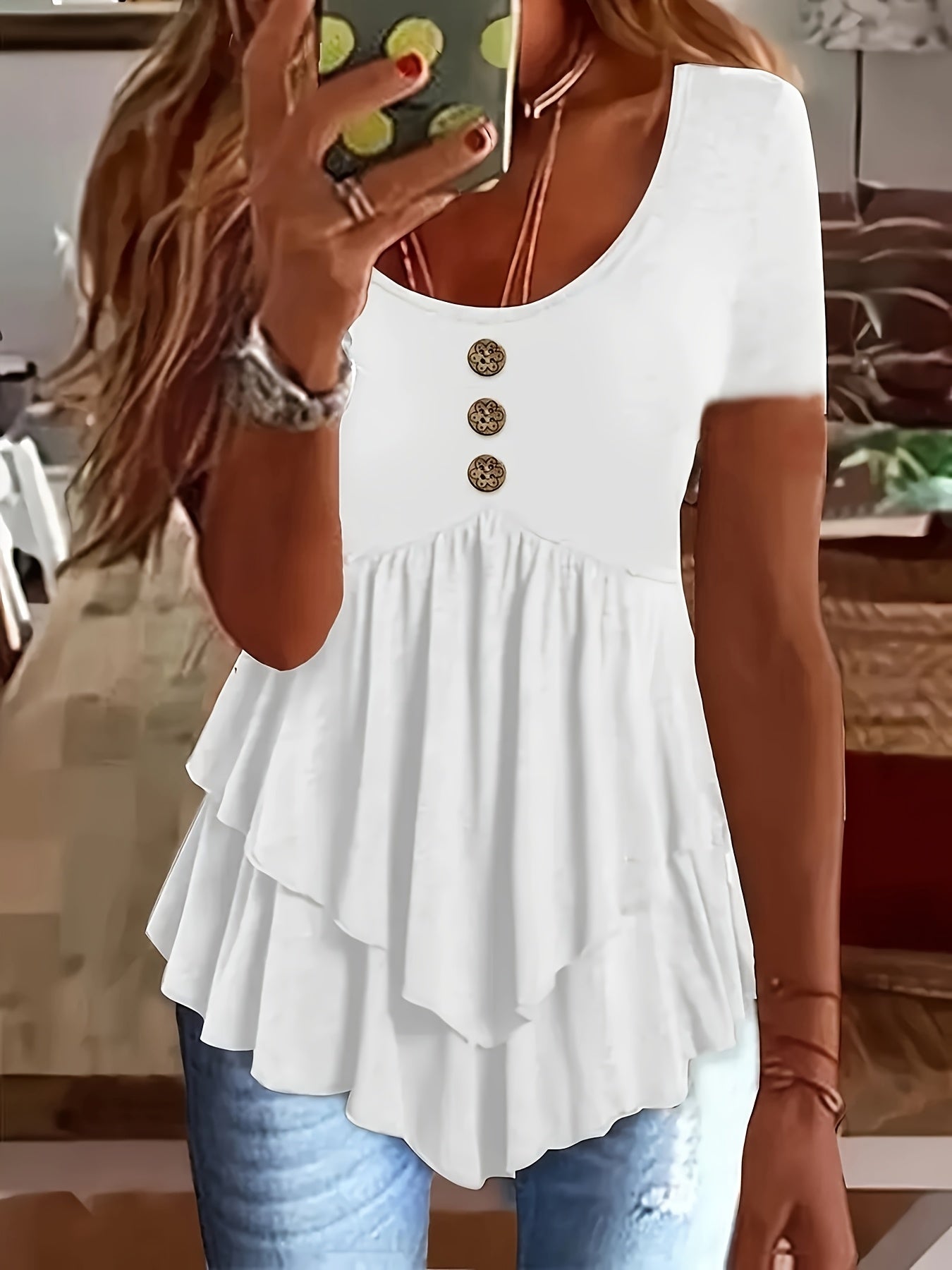 Women's Casual Short Sleeve Crew Neck T-Shirt Solid Color Button Front Flare Top Summer Blouse with Ruffles