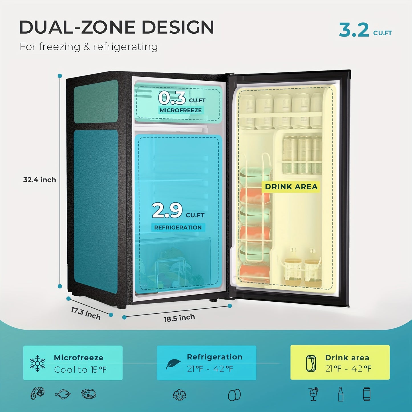 3.2 Cu.Ft Compact Mini Fridge with Freezer Energy Saving Design