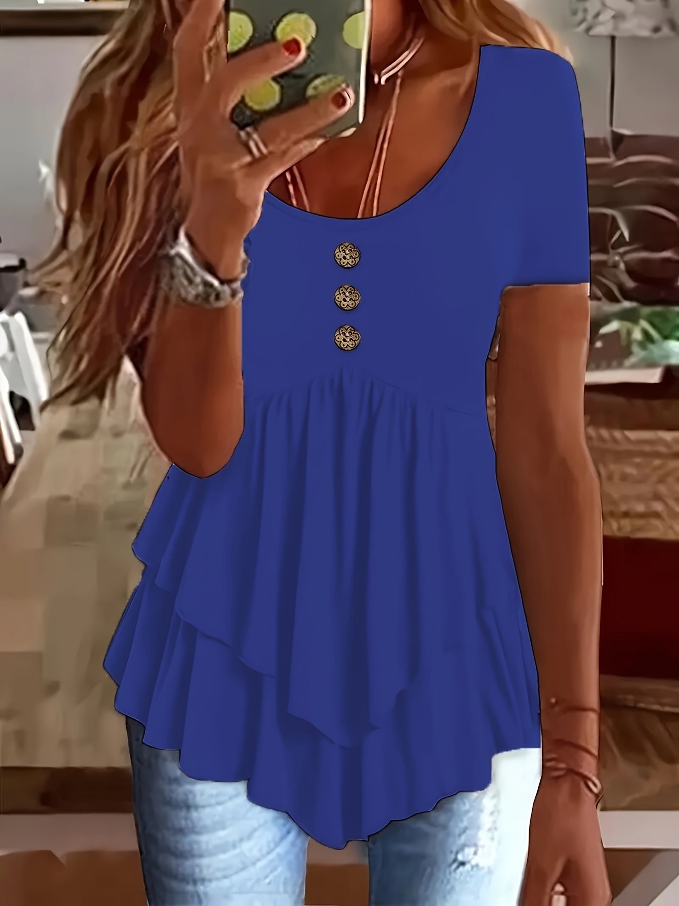 Women's Casual Short Sleeve Crew Neck T-Shirt Solid Color Button Front Flare Top Summer Blouse with Ruffles