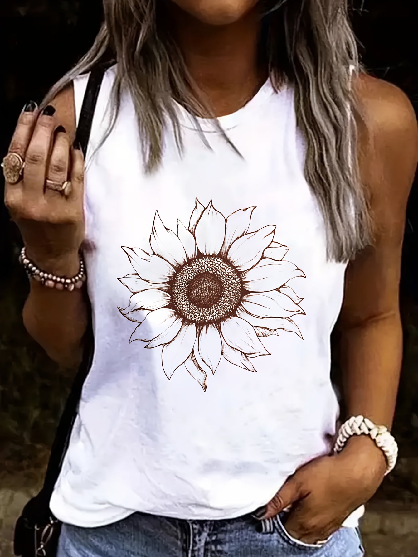 Women's White Sleeveless Tank Top with Artistic Sunflower Design