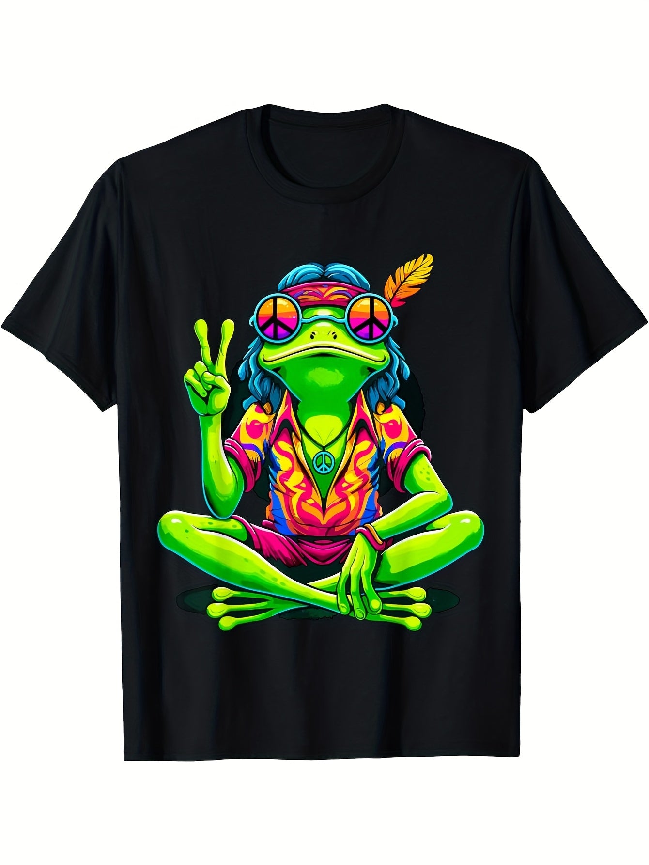 Women's Black Tie-Dye Frog Print T-Shirt Cute Cartoon Frog with Hearts and Stars Design Just a Who Loves Frogs Text Soft Breathable Round Neck Short Sleeve Tee for Casual and Sports Activewear Machine Washable All Season