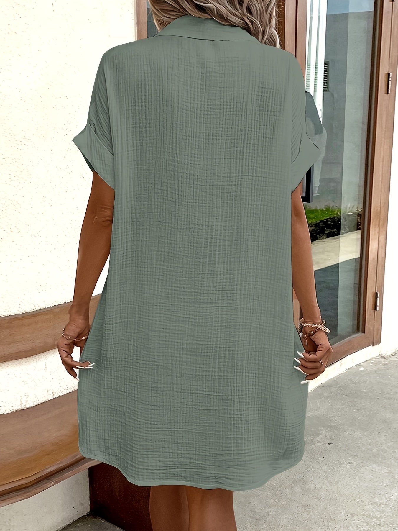 100% V-Neck Blouse Dress for Women Light Blue Short Sleeves