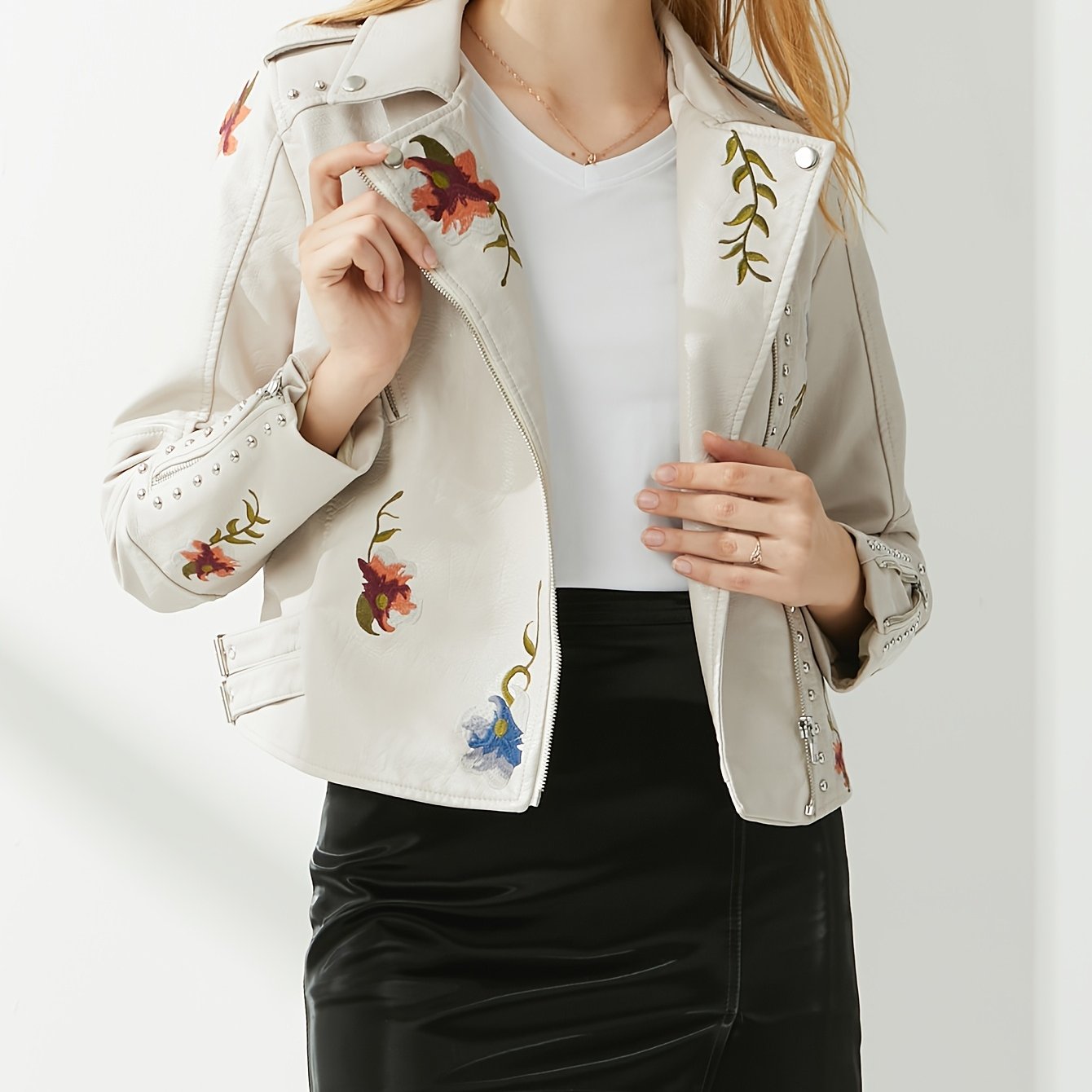 Women's Studded Rivet Floral Moto Jacket Biker Short Lapel Coat Stylish and Trendy