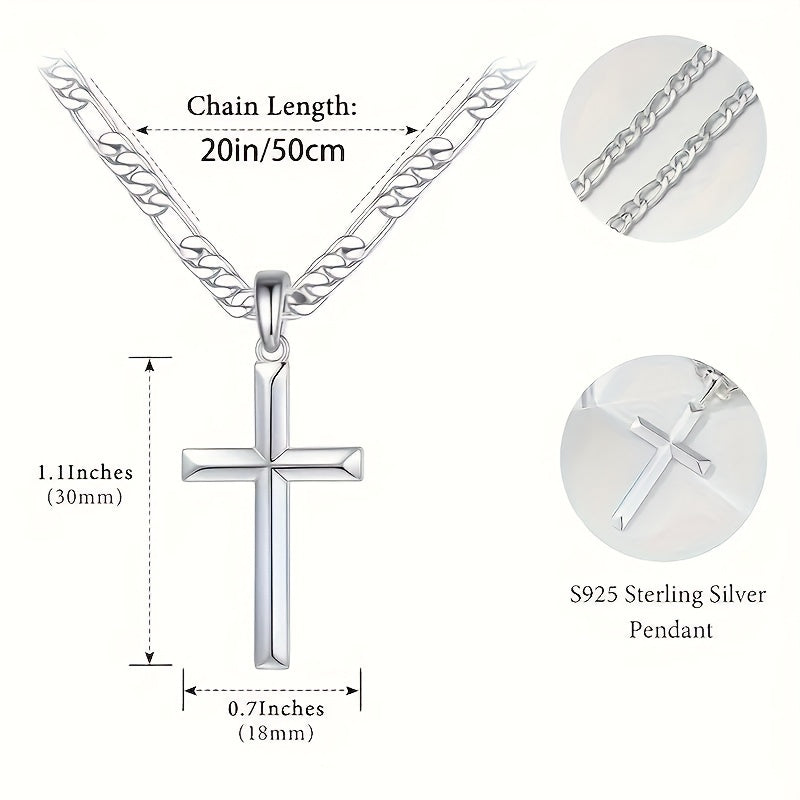 925 Sterling Silver Cross Necklace - Figaro Chain, Suitable for Men & Women, Ideal for Anniversaries, Birthdays, Holidays - Includes Gift Box