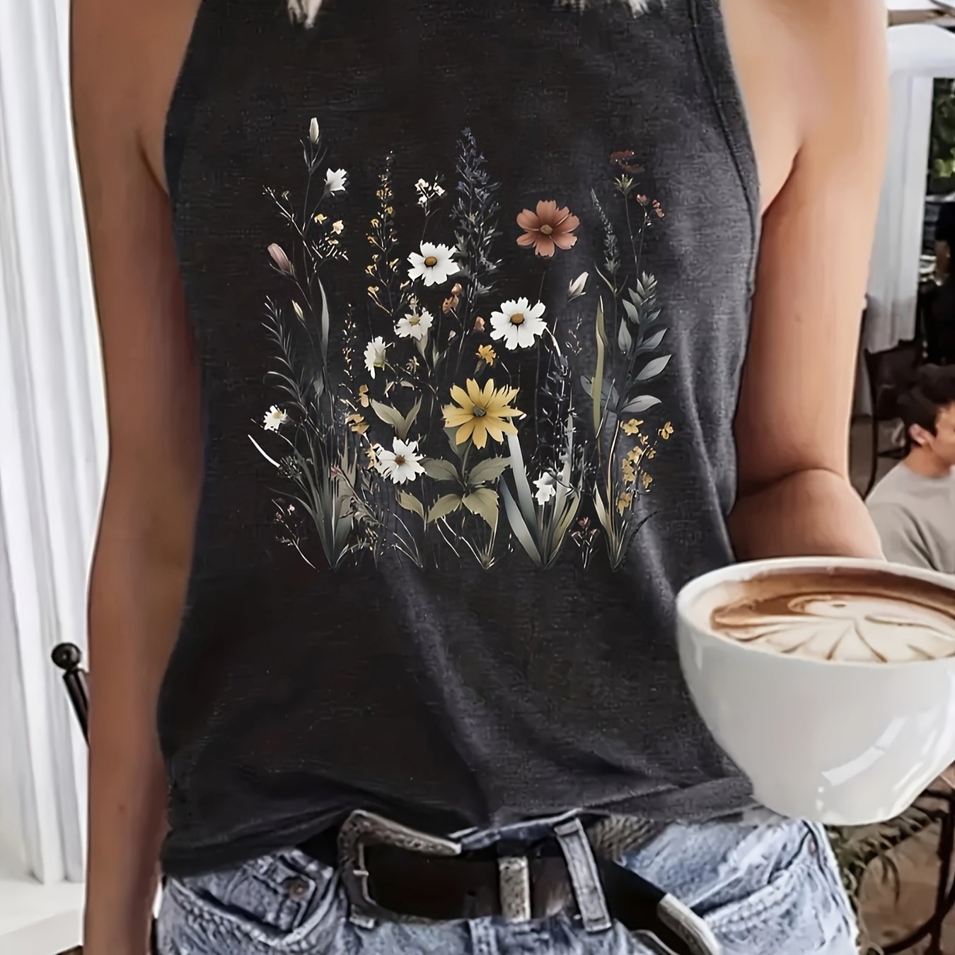 Print Tank Top, Casual Crew Neck Sleeveless Summer Top