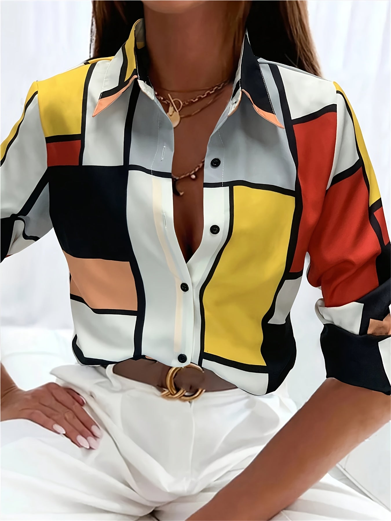 SCACTO Women's Plaid Button Long Sleeve Lapel Shirt Top