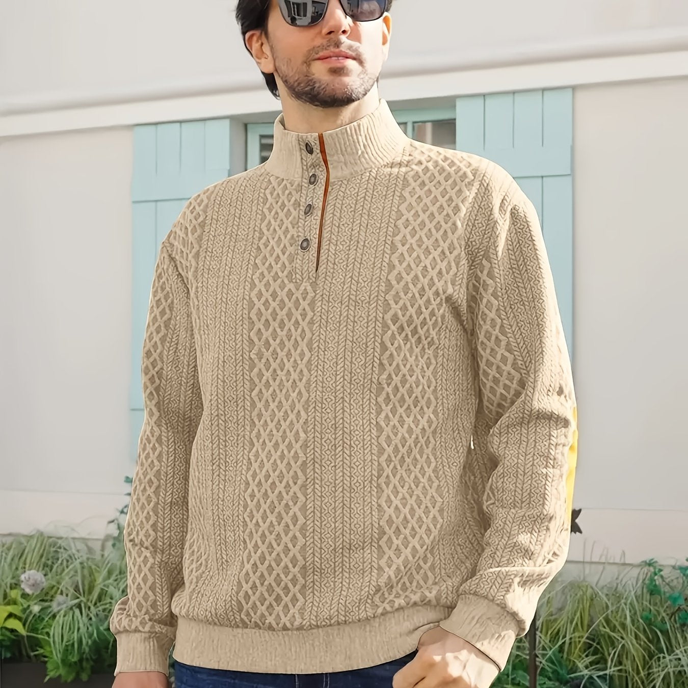 Men's Casual Sporty Diamond - Patterned Knit Jacquard Hoodie with Button Details - Stand - Up Collar, Long Sleeves, Stretch Fabric, Grey with Orange Accents