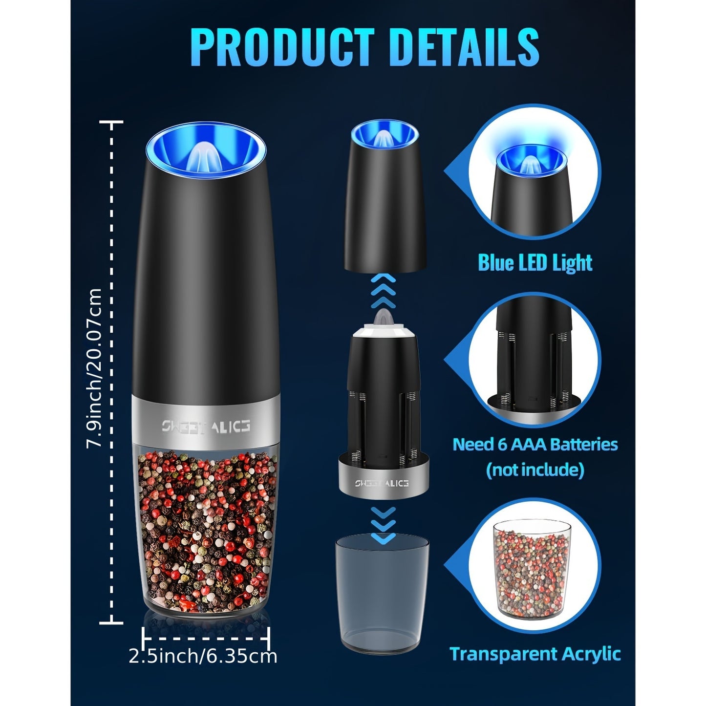 Gravity Electric Pepper And Salt Grinder Set Stainless Steel Auto Spice Mill Adjustable Coarseness