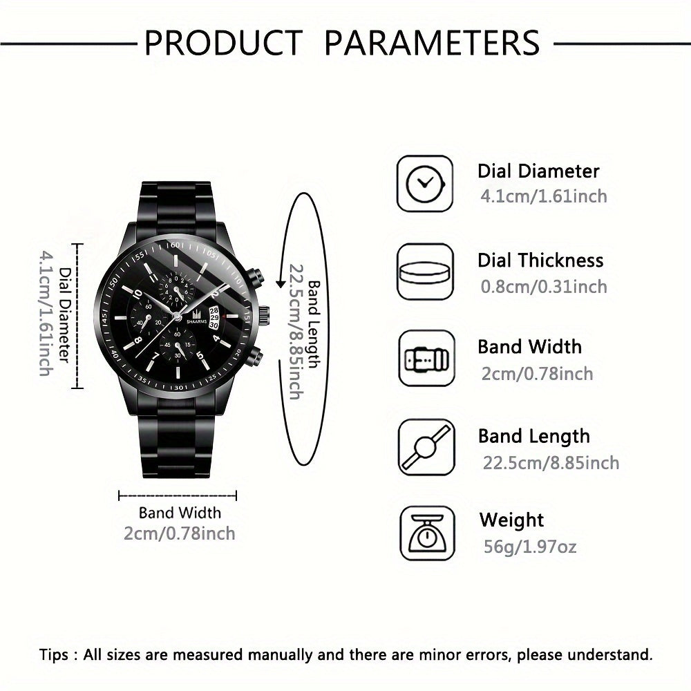 3pc Men's Luxury Round Dial Steel Strip Quartz Watch - Personalized