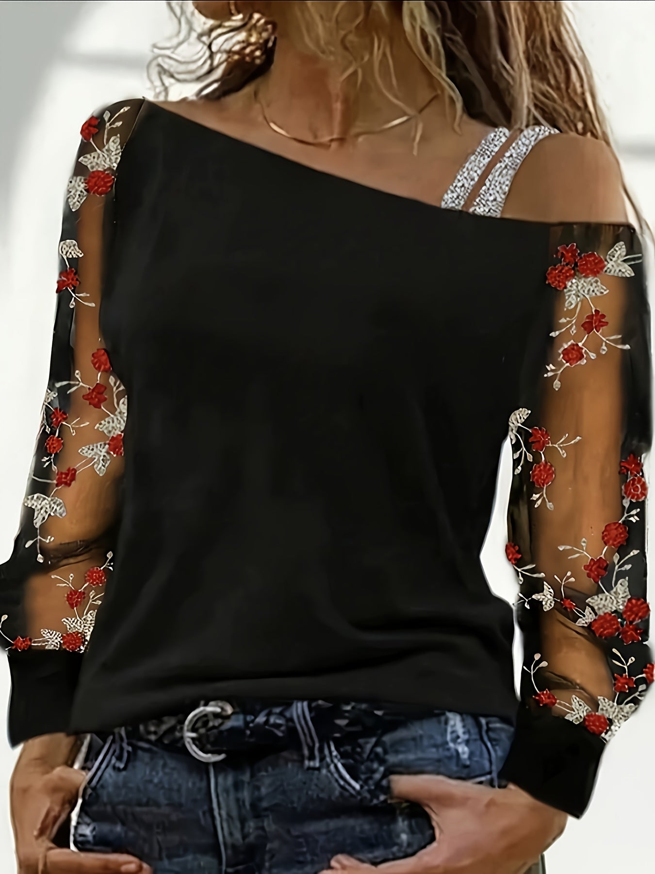 Elegant Off-Shoulder Embroidered Long Sleeve T-Shirt for Women