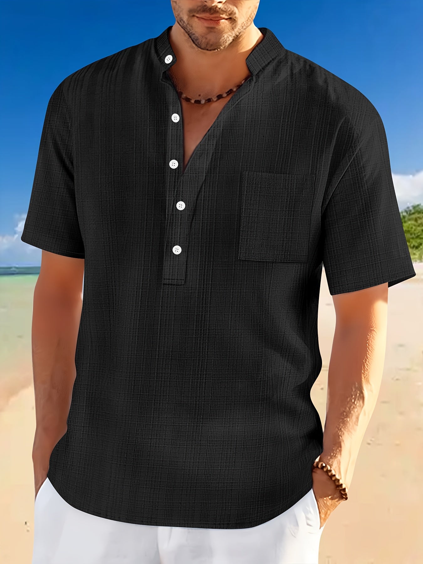 Men'S Solid Color Short-Sleeve Shirt with a Casual Pocket, Perfect for Summer.