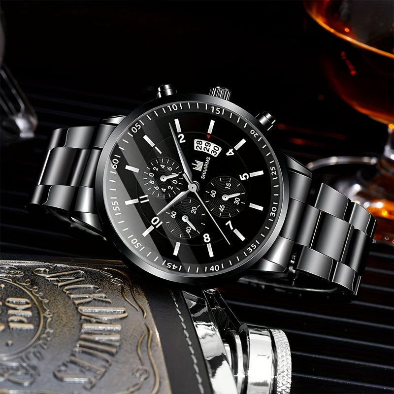 3pc Men's Luxury Round Dial Steel Strip Quartz Watch - Personalized