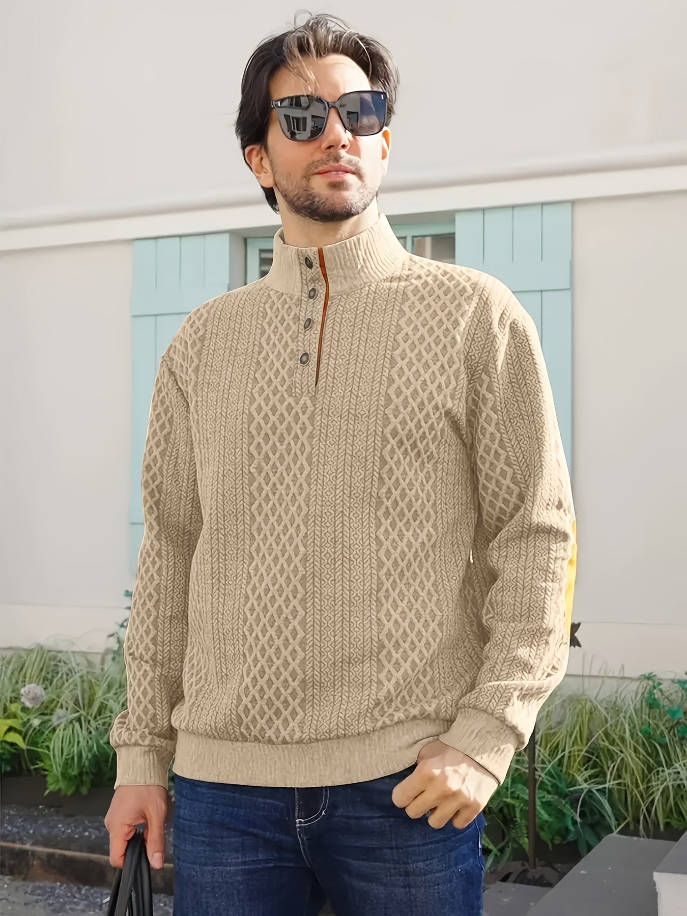 Men's Casual Sporty Diamond - Patterned Knit Jacquard Hoodie with Button Details - Stand - Up Collar, Long Sleeves, Stretch Fabric, Grey with Orange Accents