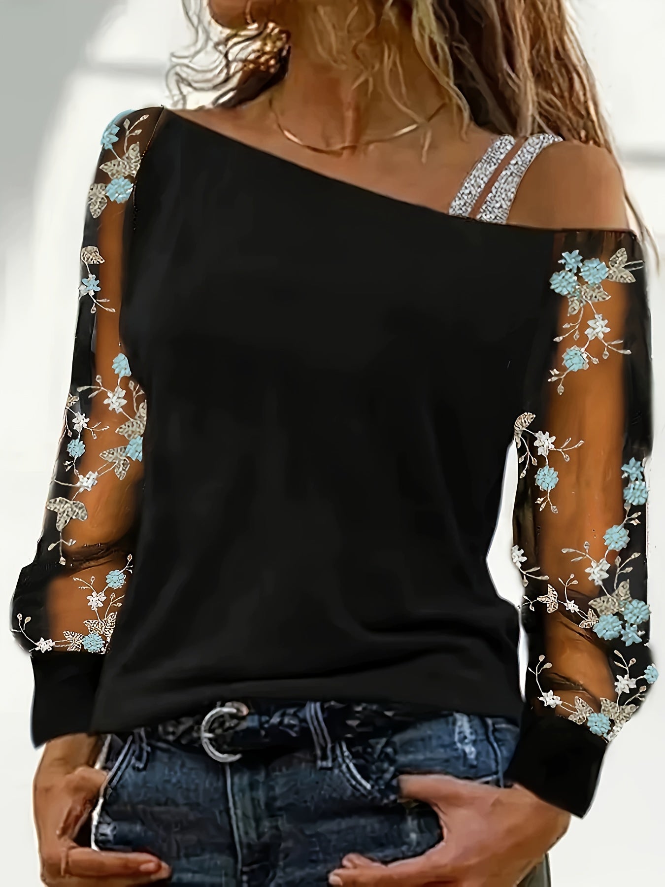 Elegant Off-Shoulder Embroidered Long Sleeve T-Shirt for Women