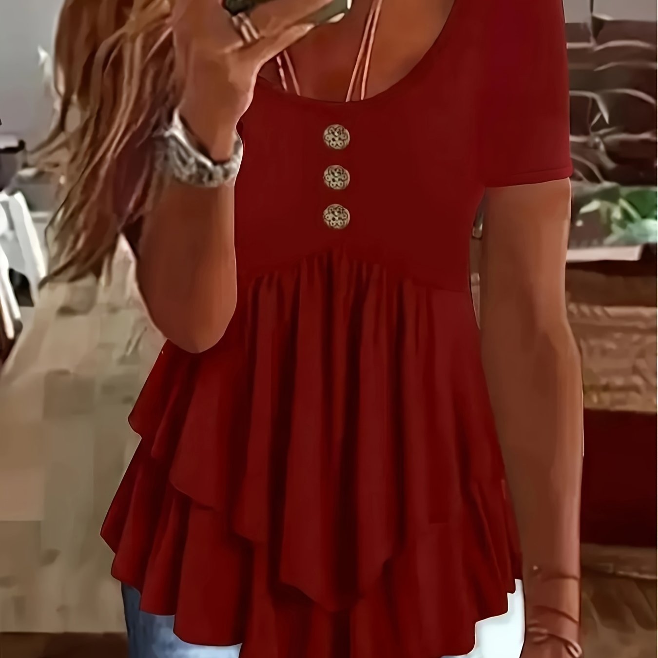 Women's Casual Short Sleeve Crew Neck T-Shirt Solid Color Button Front Flare Top Summer Blouse with Ruffles