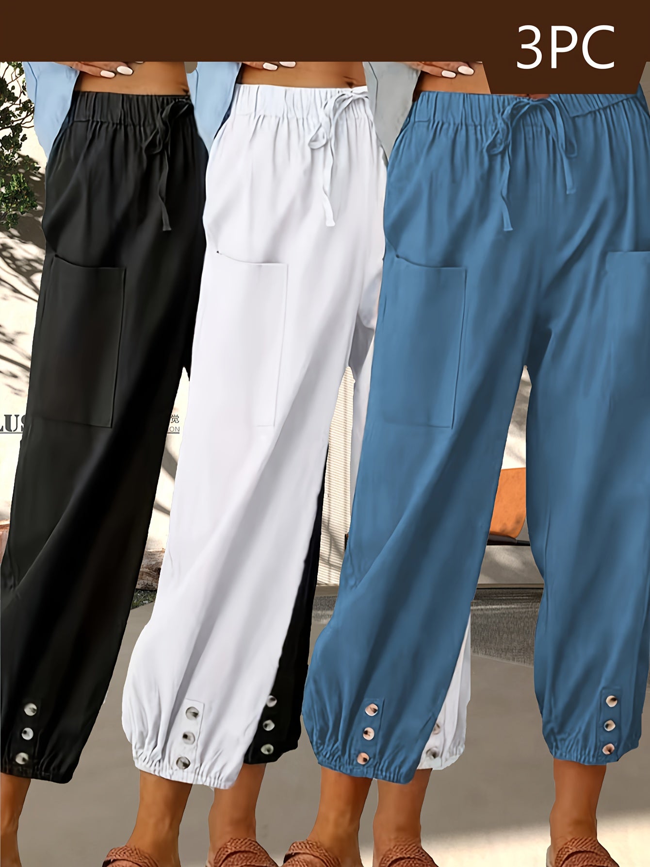 3-Pack Of Loose-Fitting High-Waisted Buttoned Linen Cropped Wide-Leg Unisex Pants With Pockets For Easy Outings