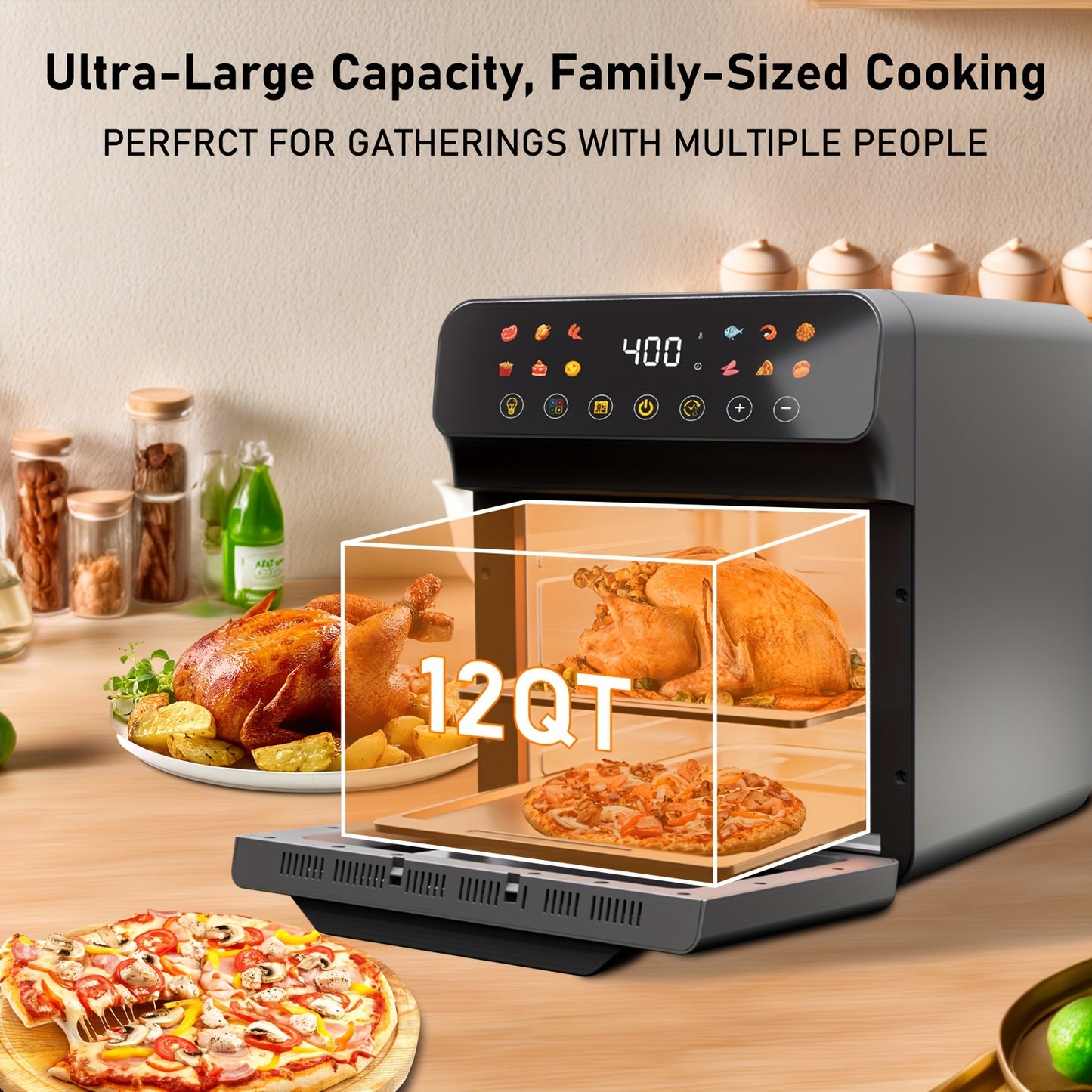 Bluebow 12QT Extra Large Convection Countertop Oven Air Fryer Toaster Oven Combo Roast Bake Broil Reheat Fry Oil Free Stainless Steel LED Digital Touchscreen Visible