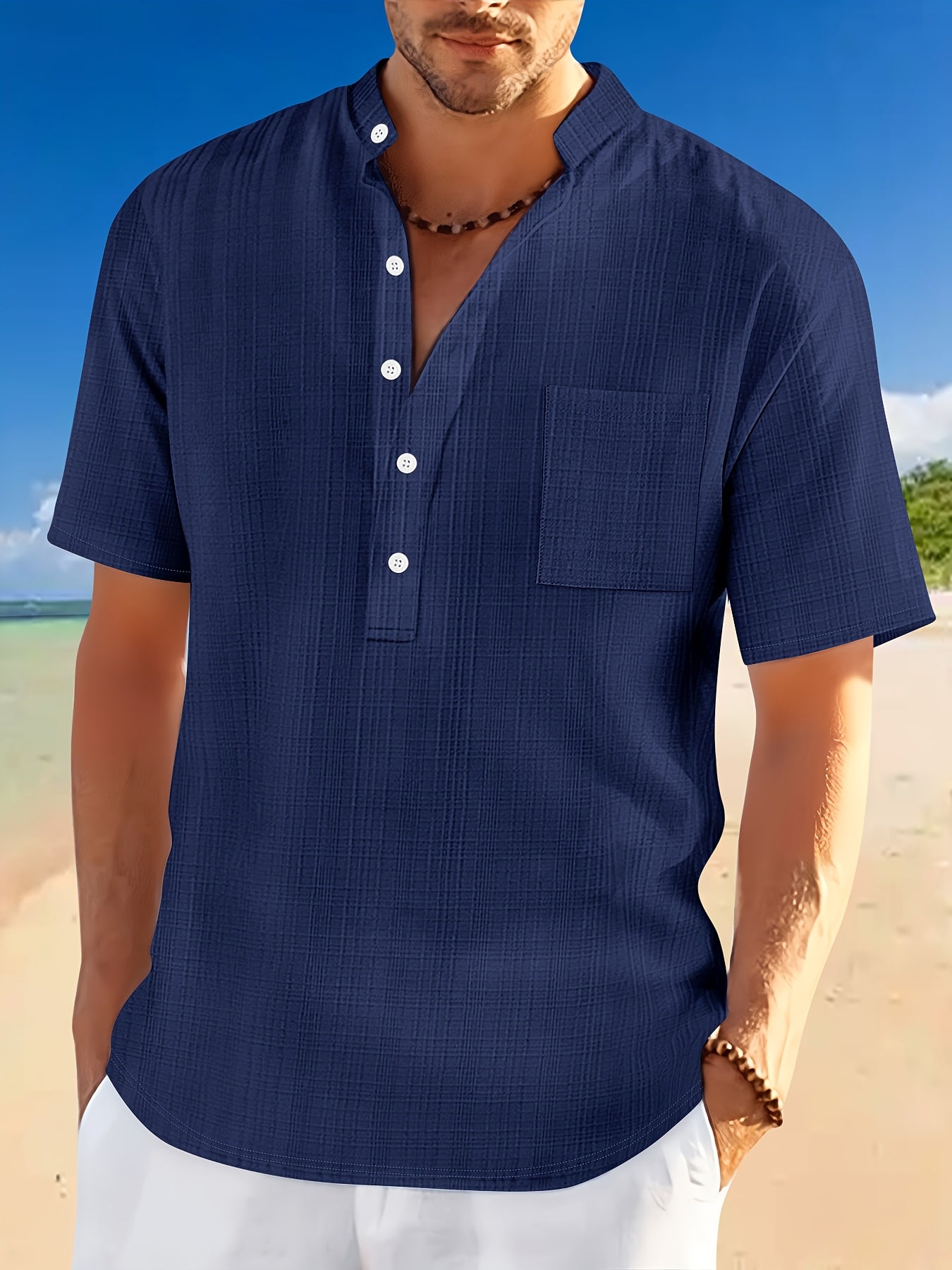 Men'S Solid Color Short-Sleeve Shirt with a Casual Pocket, Perfect for Summer.