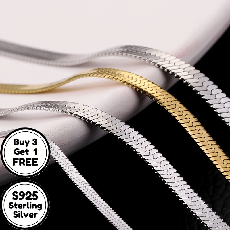 Italy S925 Sterling Silvery 4mm Flat Snake Bone Chain Necklace, Suitable for Men's and Women's Necklaces