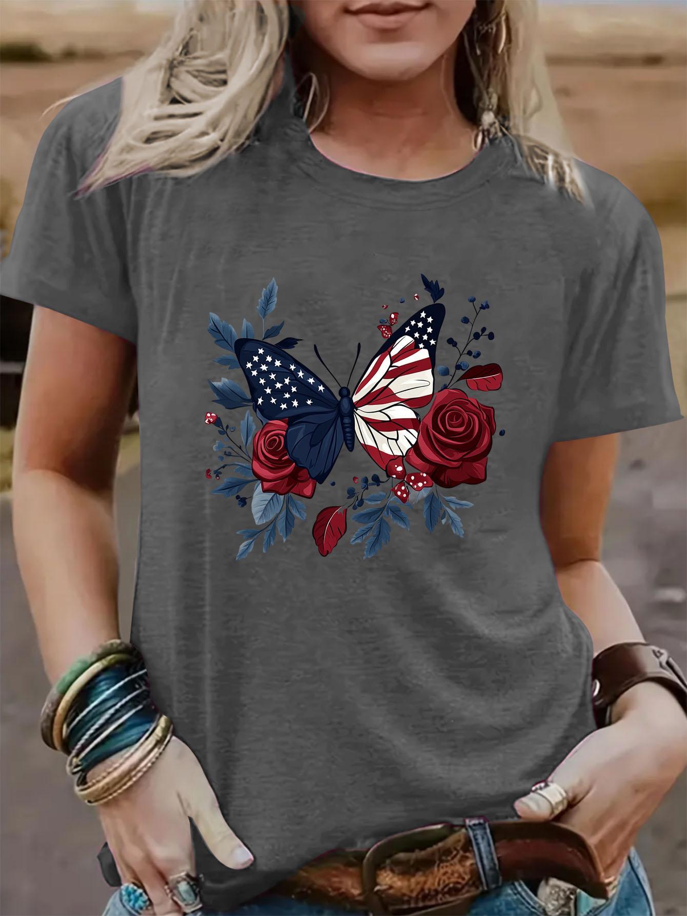 Womens Crew Neck Fashionable Heart Print T-Shirt Casual Top