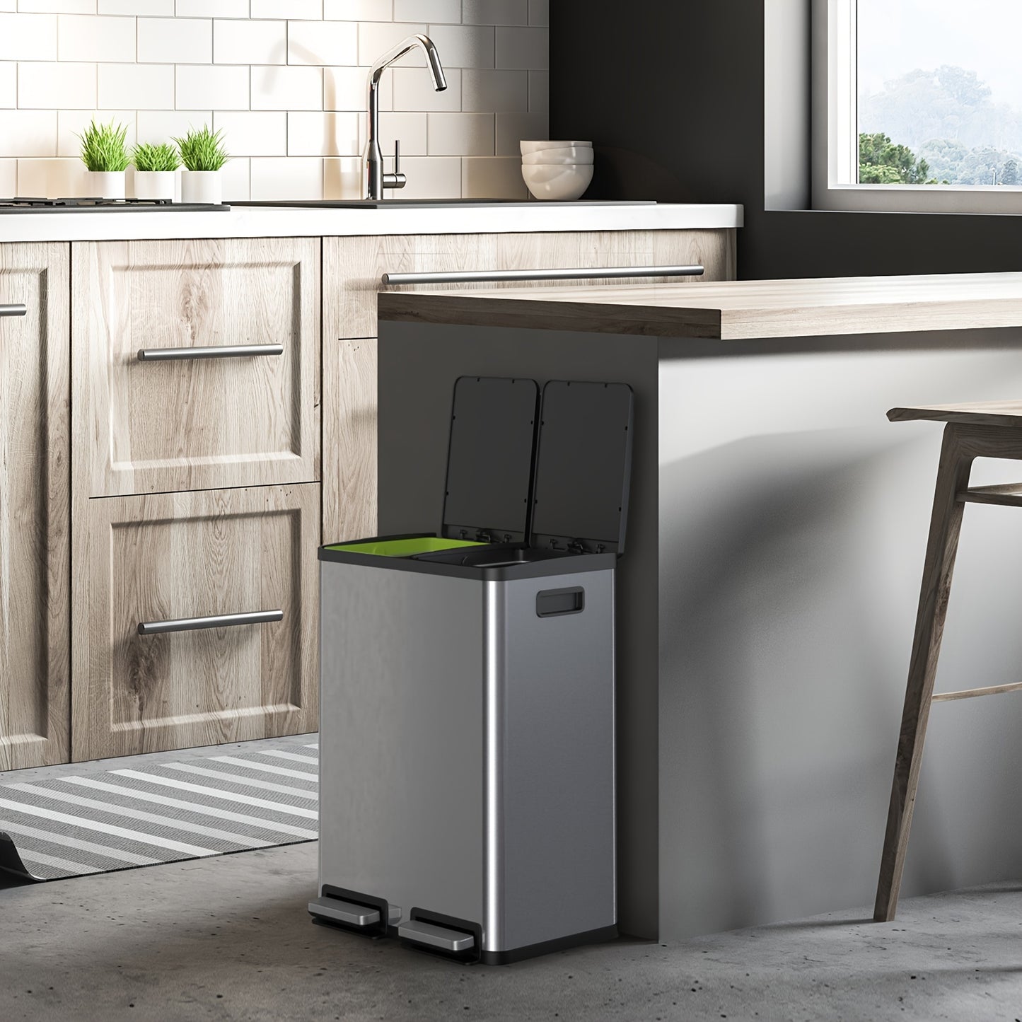 15.85gal Silver Modern Style Kitchen Trash Can Double Compartment