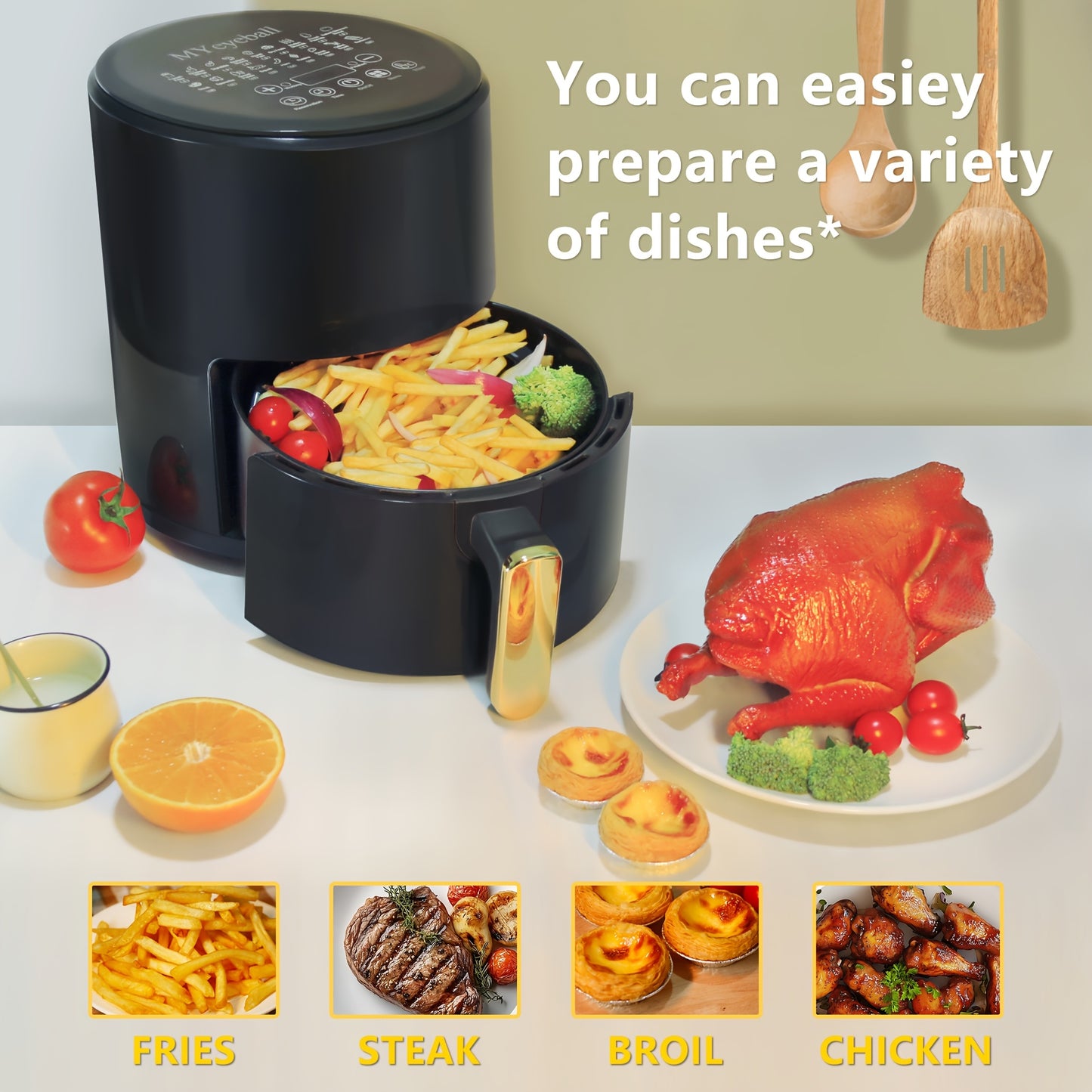 Air Fryer 6.5QT, Smart Home Visual Touch Screen Electric Fryer Oil-free Multifunctional Potato Chip Oven Crispy Skin, Baking, Reheating, Baking Fast and Easy To Eat White&black