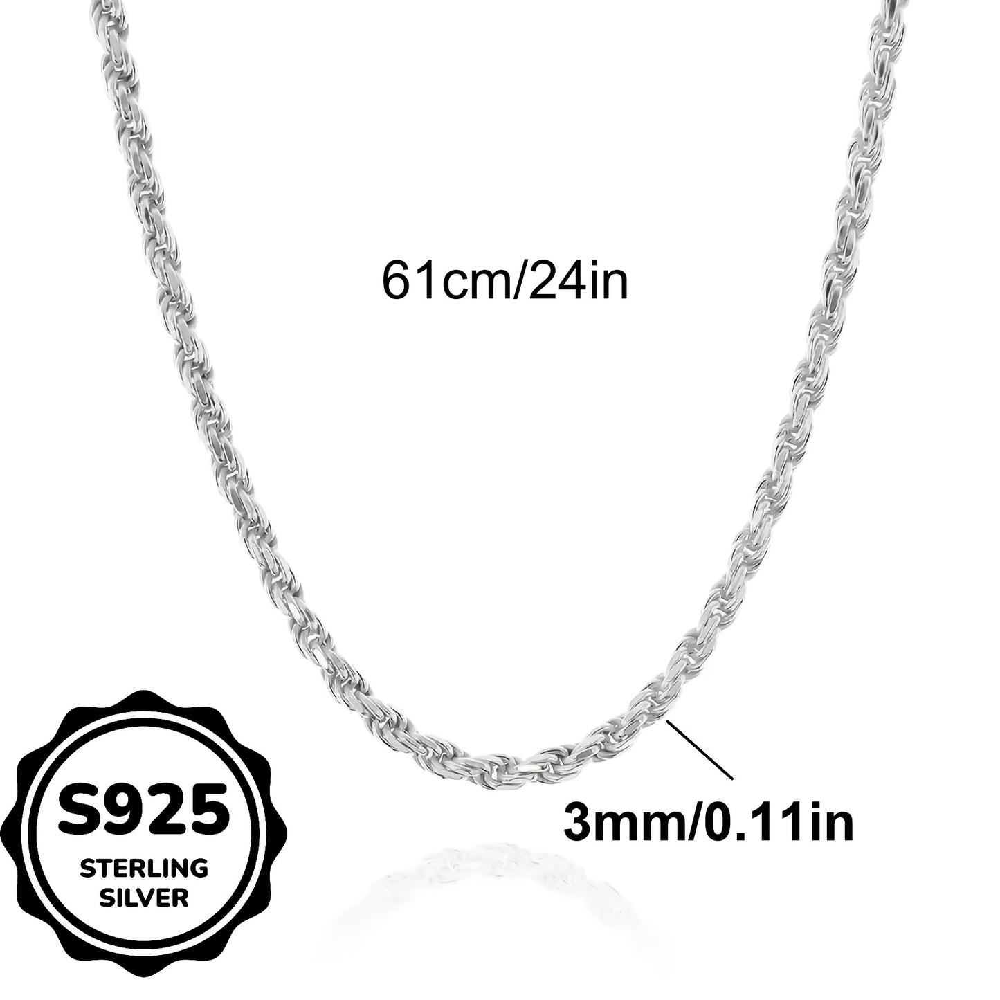 Sterling Silver Necklace, 3mm Woven Rope Chain Gift Box
