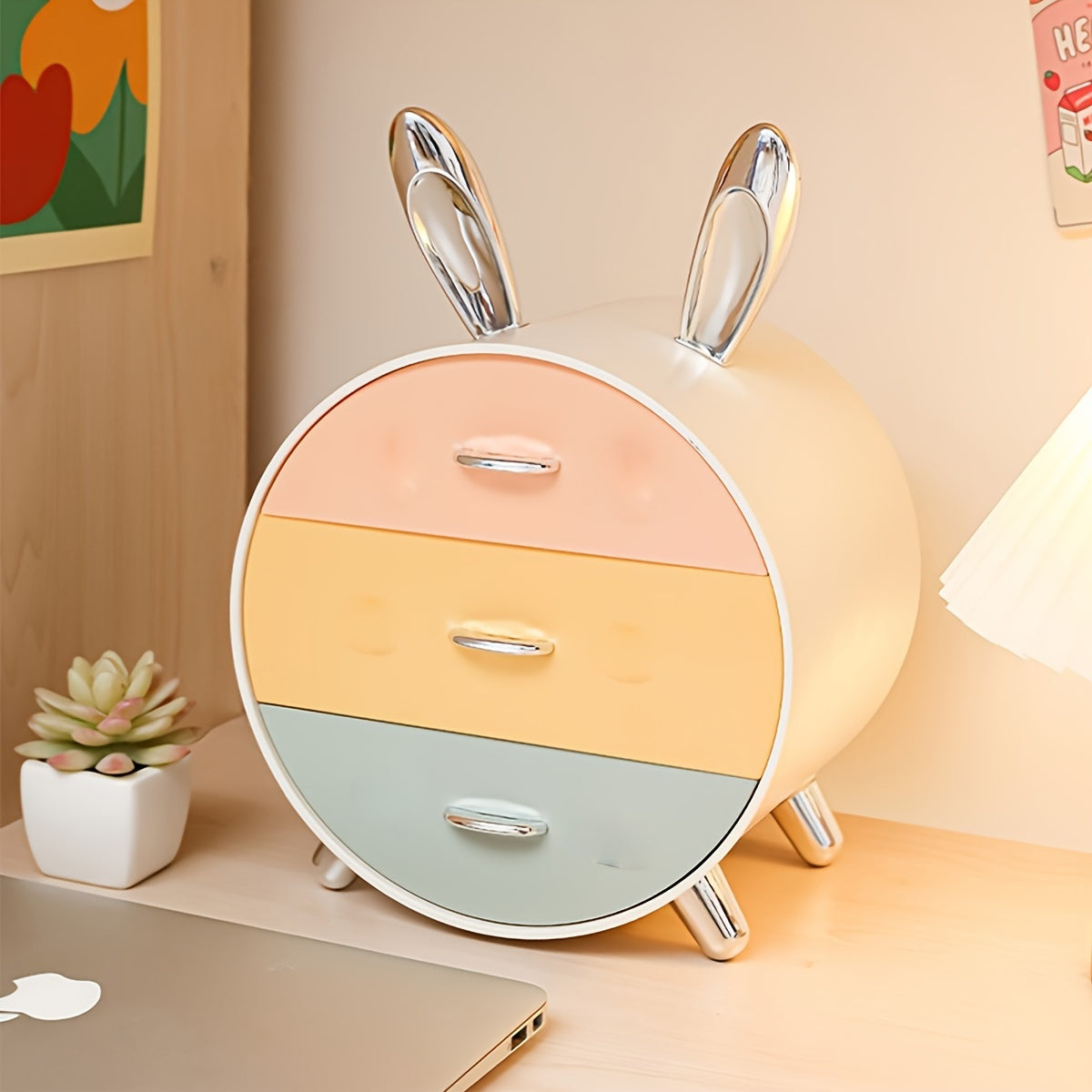 1pc Large Capacity Rabbit Decor Makeup Storage Case Multi-functional Cosmetic Organizer with Drawer Vanity Decor Skincare Stationary Container