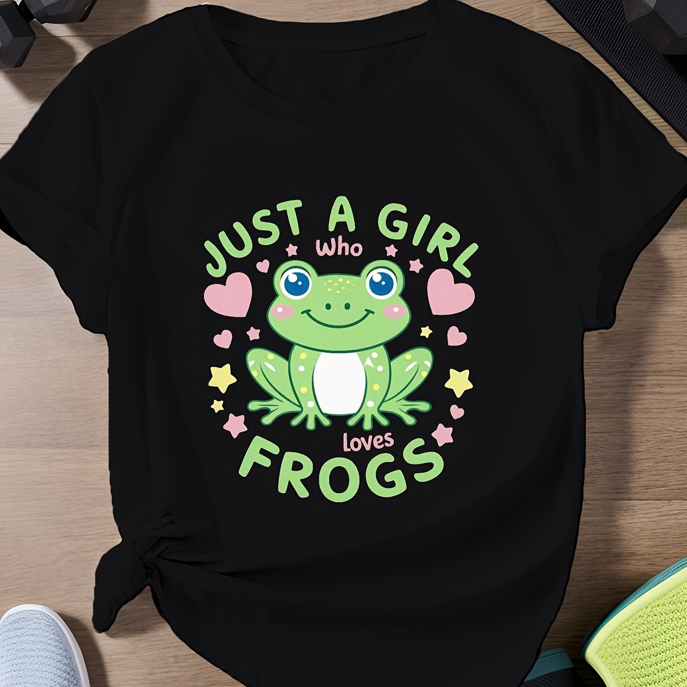 Women's Black Tie-Dye Frog Print T-Shirt Cute Cartoon Frog with Hearts and Stars Design Just a Who Loves Frogs Text Soft Breathable Round Neck Short Sleeve Tee for Casual and Sports Activewear Machine Washable All Season