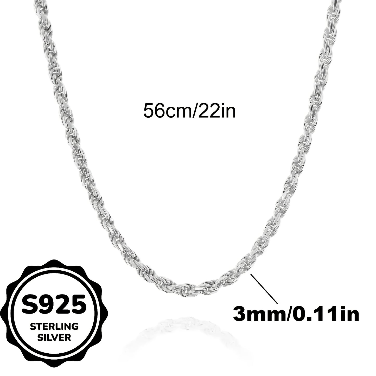 Sterling Silver Necklace, 3mm Woven Rope Chain Gift Box
