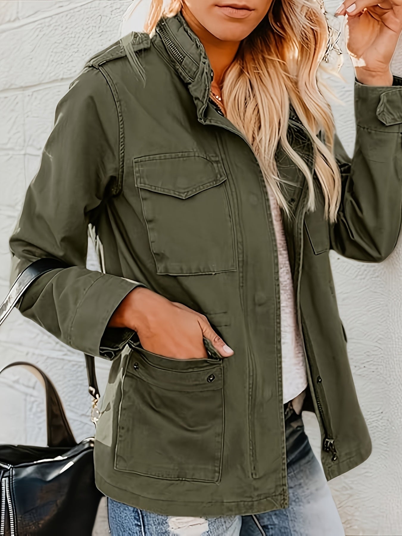 Women's Army Green Military-Style Jacket with Drawstring Waist and Pockets