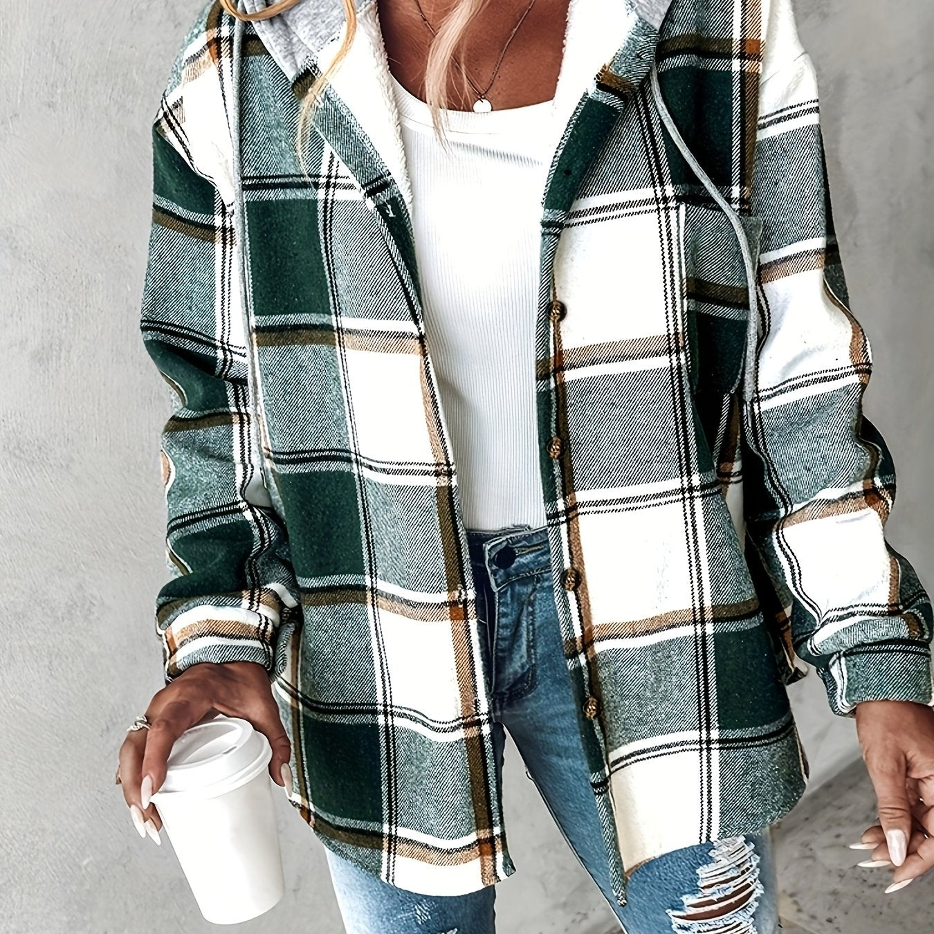 Chicme Women's Hooded Fleece-Lined Plaid Shacket Jacket