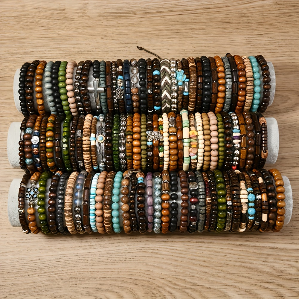 36pcs Men's Fashion Bracelet Set with Wooden Beads and Charms