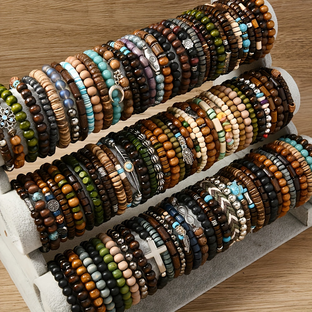 36pcs Men's Fashion Bracelet Set with Wooden Beads and Charms