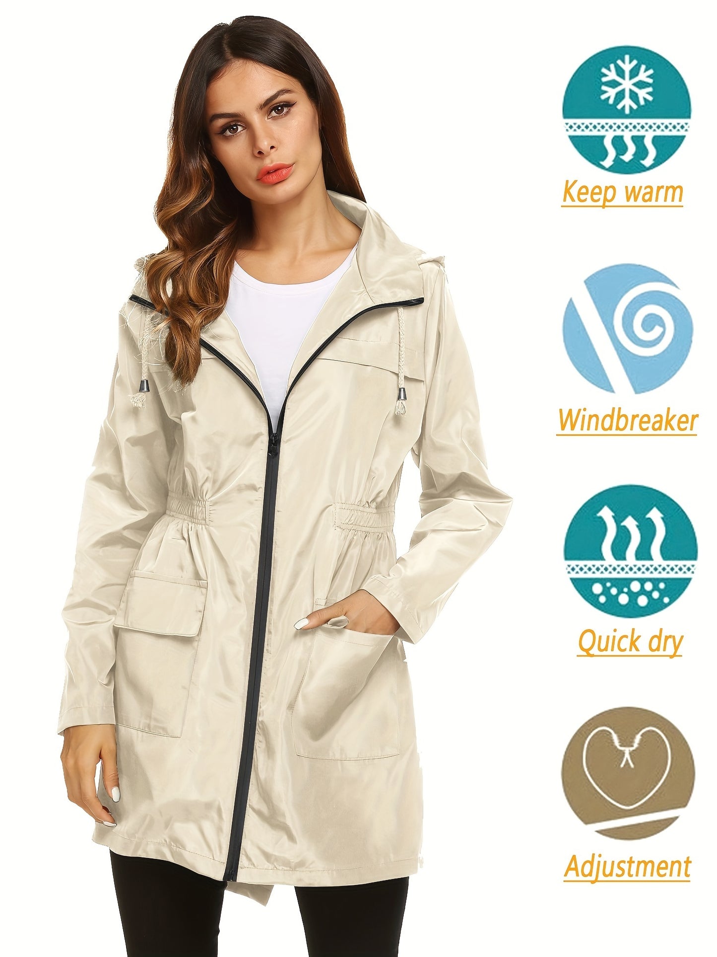Women's Windproof High Quality Lightweight Hooded Rain Jacket - Adjustable Drawstring Hem & Cuffs, All-Season Casual Outdoor Coat for Hiking, Travel, Daily Commute (Solid Color), Travel Rainwear | Full Length Raincoat | Sleek