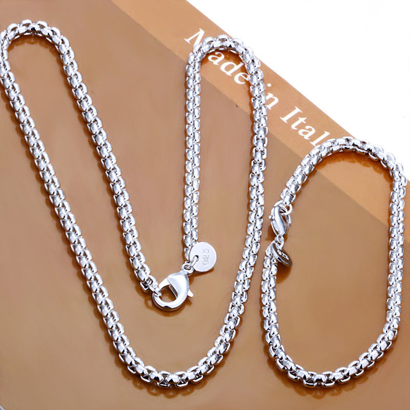1 Set Men's 925 Sterling Silver Chain Necklace and Bracelet, Hip-Hop Style, Elegant Round Bead, Simple Shiny Chain, Fashion Jewelry Accessories