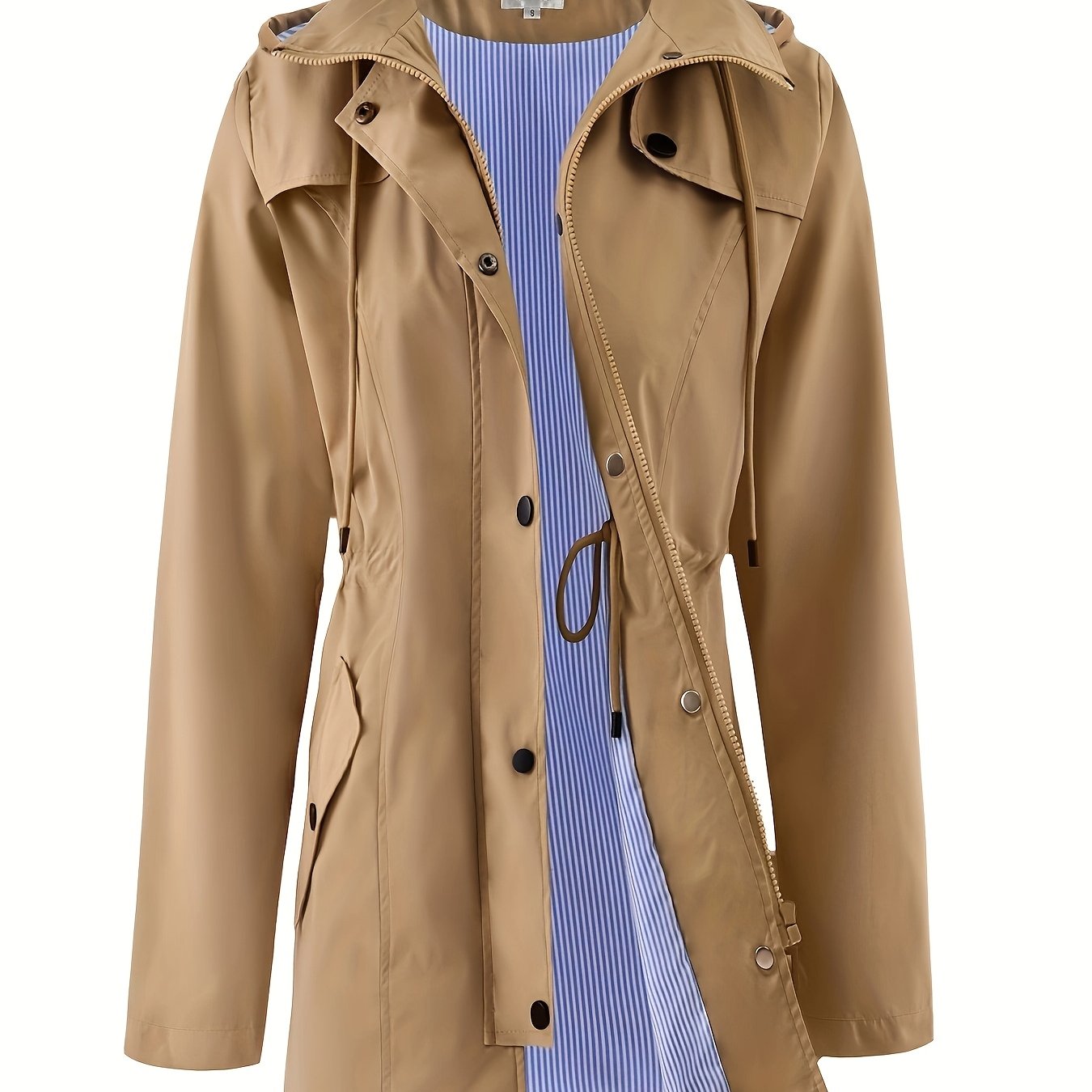 Women's Elegant High Quality Windbreaker Raincoat with Hood - High Elasticity Mid-Length Long Sleeve Jacket, Beige Trench Coat for Spring/Fall Outdoor Commute & Casual Outings, Spring Fall Jacket | Elegant Raincoat | High Qua