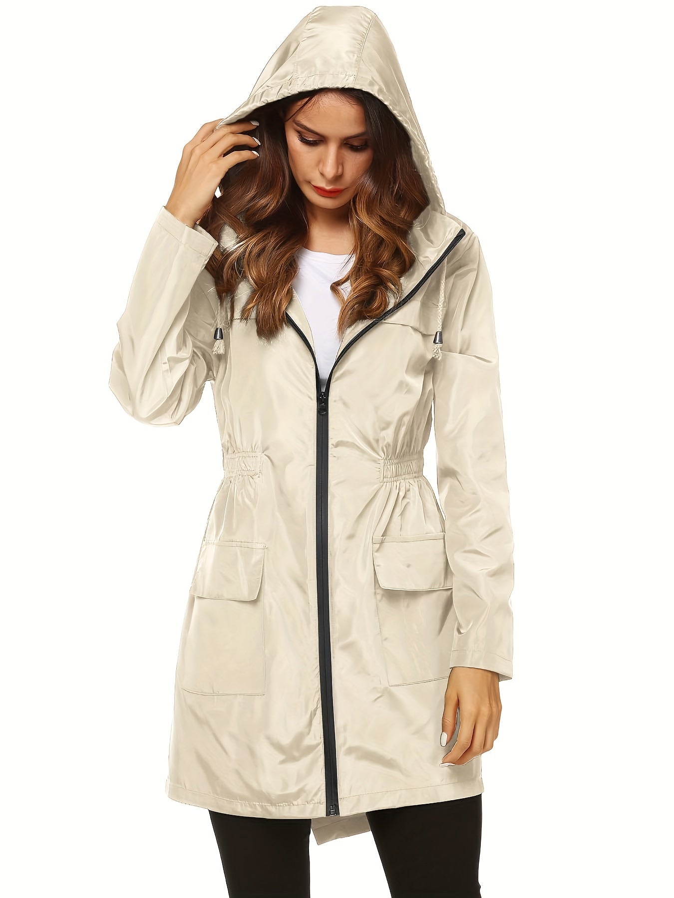 Women's Windproof High Quality Lightweight Hooded Rain Jacket - Adjustable Drawstring Hem & Cuffs, All-Season Casual Outdoor Coat for Hiking, Travel, Daily Commute (Solid Color), Travel Rainwear | Full Length Raincoat | Sleek