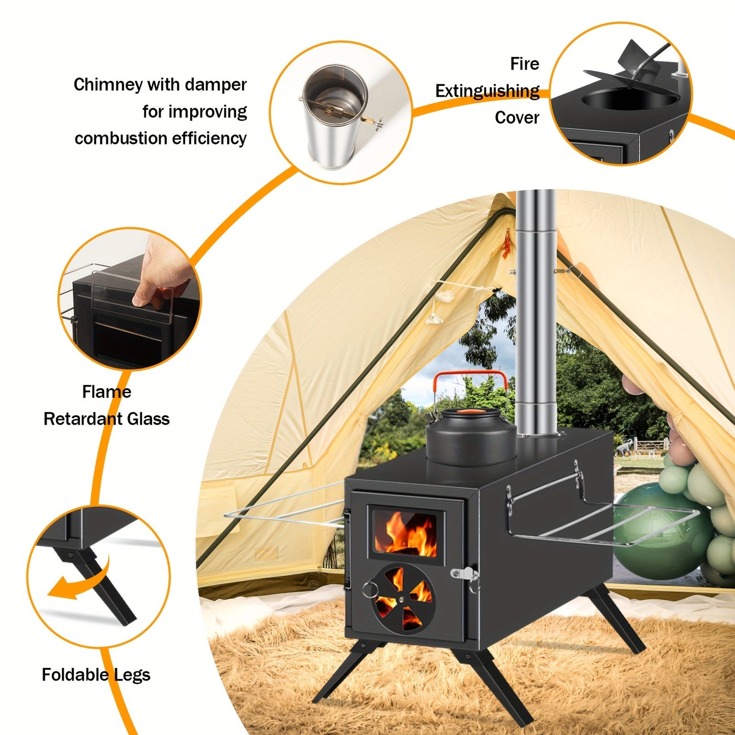 Portable Carbon Steel Wood Stove With Seven Chimney Pipes