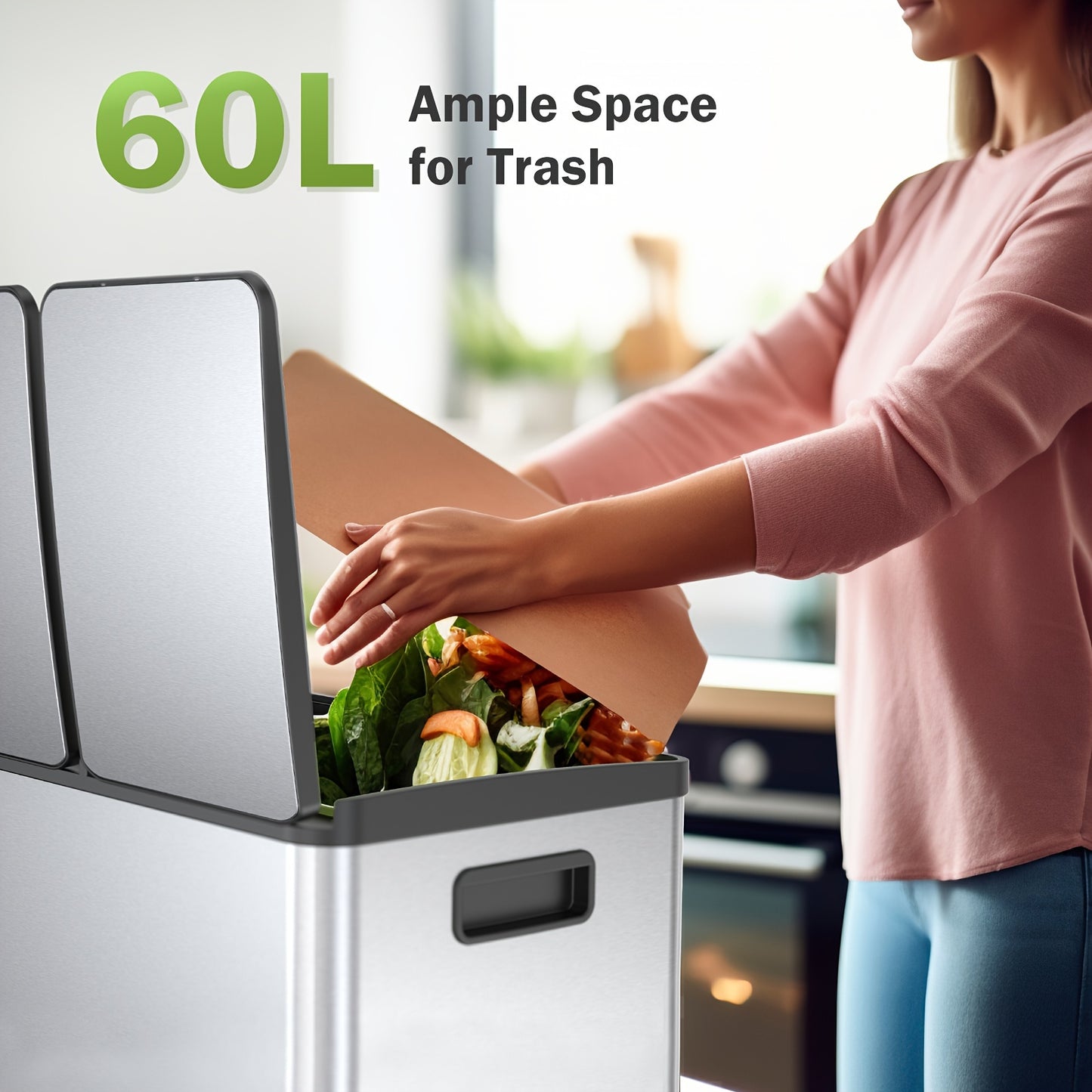 15.85gal Silver Modern Style Kitchen Trash Can Double Compartment