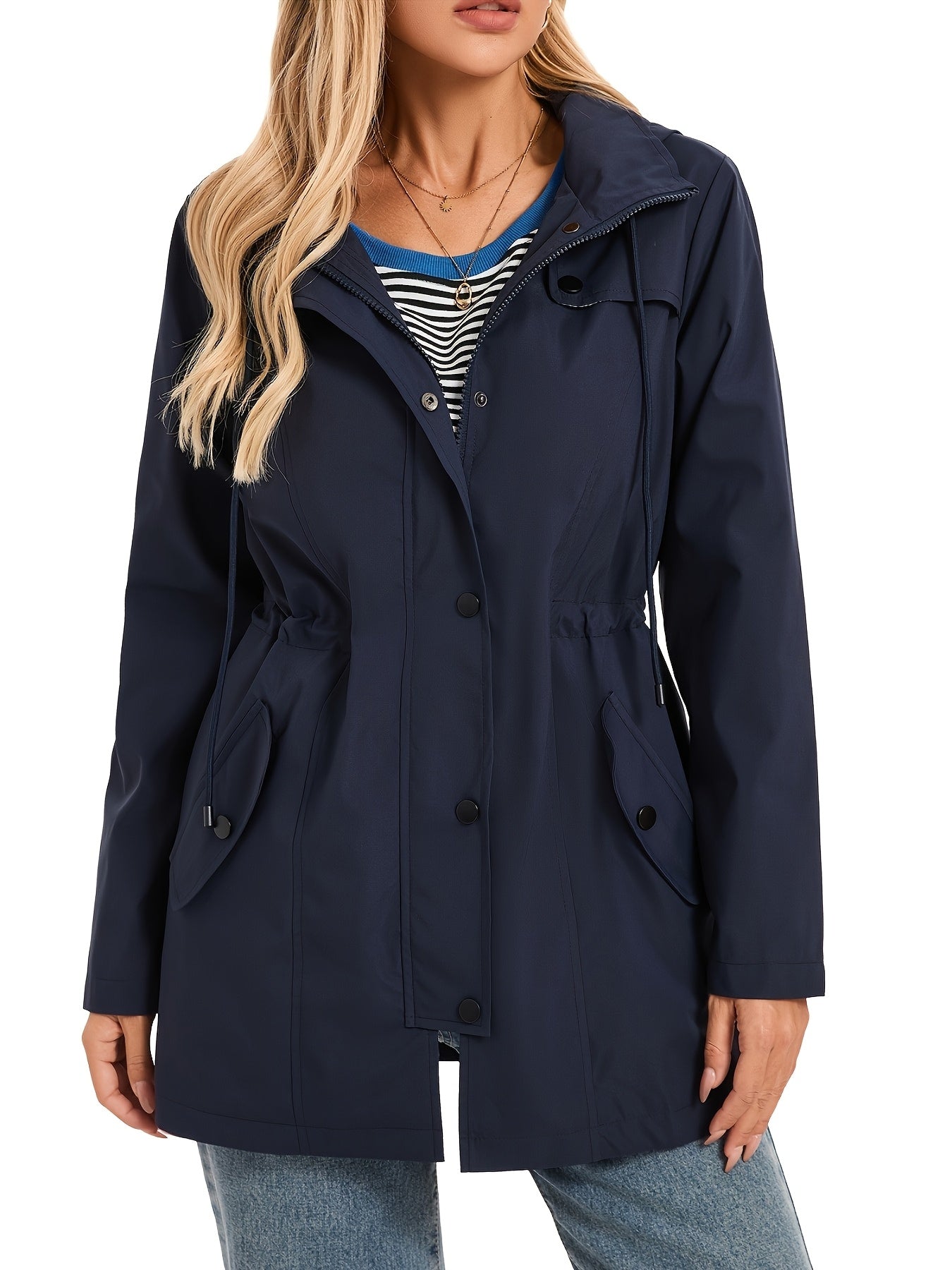 Women's Elegant High Quality Windbreaker Raincoat with Hood - High Elasticity Mid-Length Long Sleeve Jacket, Beige Trench Coat for Spring/Fall Outdoor Commute & Casual Outings, Spring Fall Jacket | Elegant Raincoat | High Qua