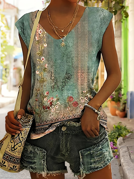 Women's Vintage Floral Print Sleeveless Tank Top Casual Summer Blouse Teal V Neck Polyester Fabric Perfect for Layering or Standalone Outfits