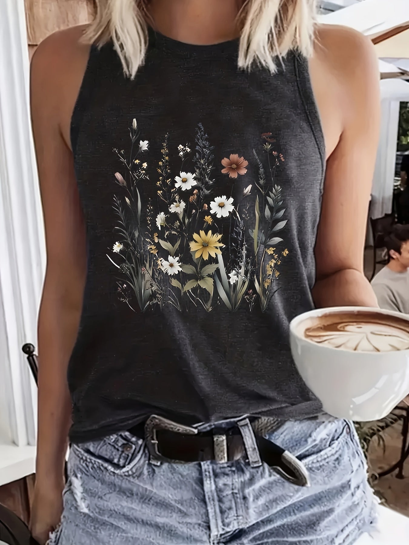 Print Tank Top, Casual Crew Neck Sleeveless Summer Top