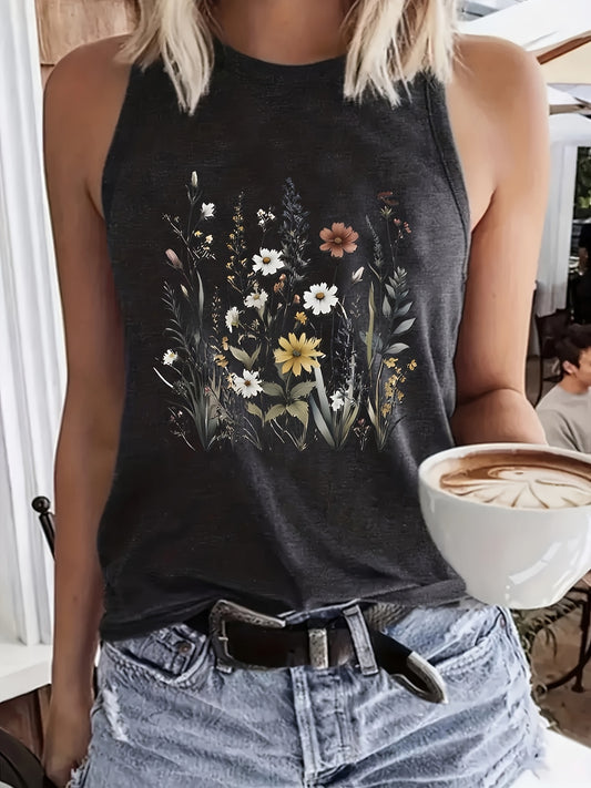 Print Tank Top, Casual Crew Neck Sleeveless Summer Top