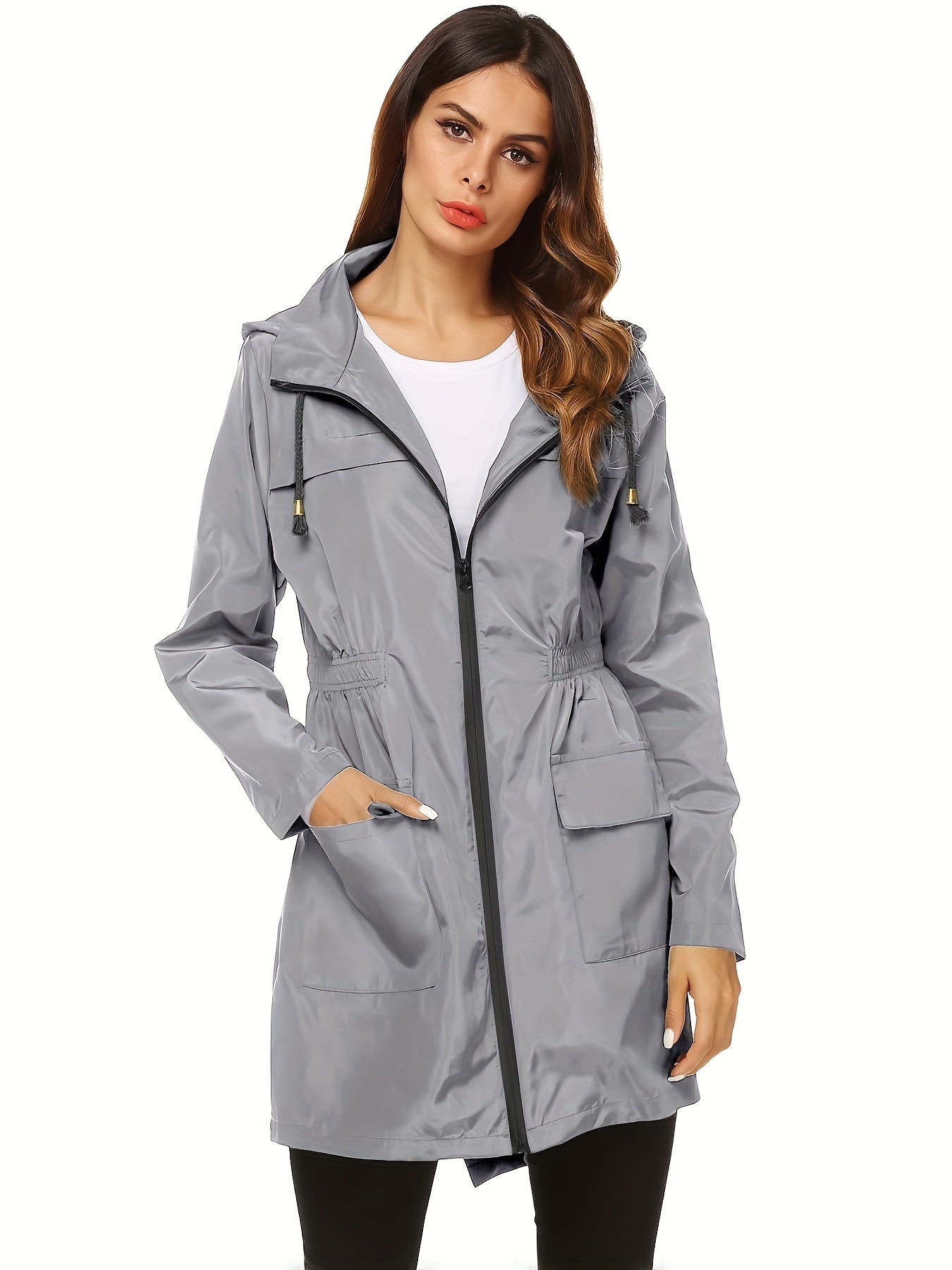 Women's Windproof High Quality Lightweight Hooded Rain Jacket - Adjustable Drawstring Hem & Cuffs, All-Season Casual Outdoor Coat for Hiking, Travel, Daily Commute (Solid Color), Travel Rainwear | Full Length Raincoat | Sleek