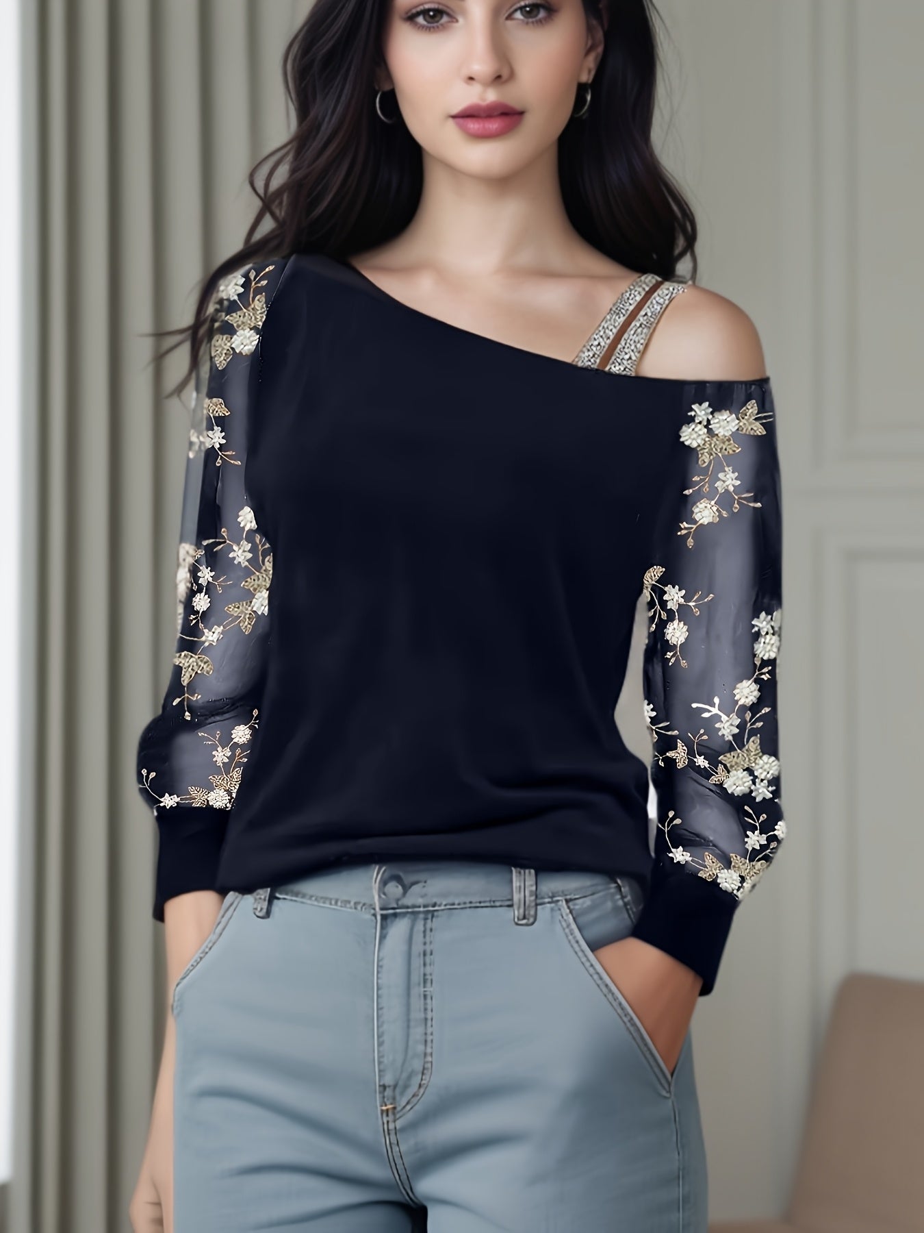 Elegant Off-Shoulder Embroidered Long Sleeve T-Shirt for Women